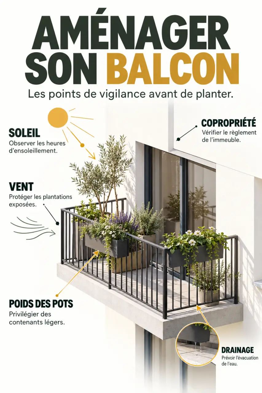 Balcon terrasse aménagement : exposition, vent, drainage et poids des plantations