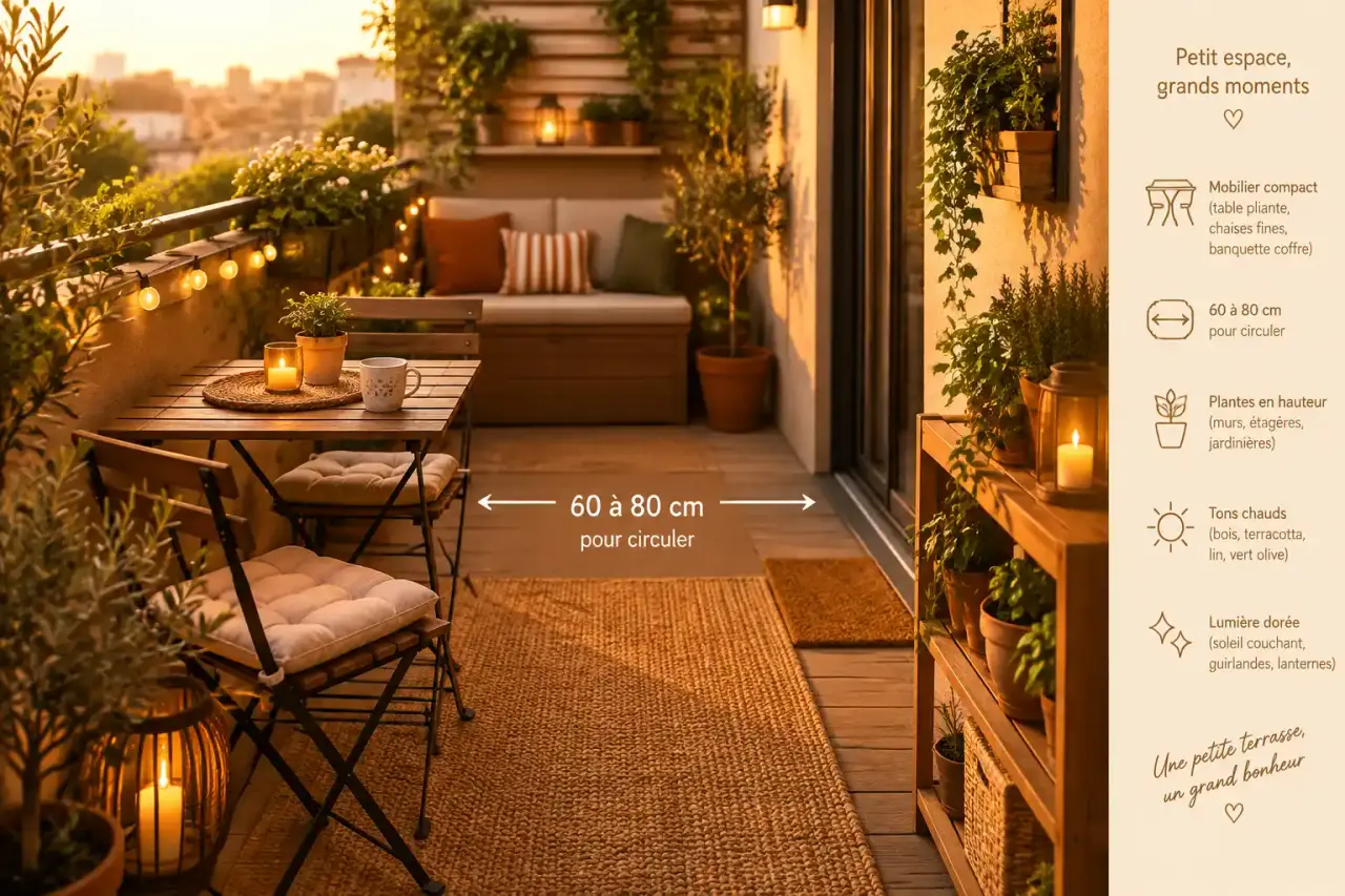 Aménager une petite terrasse : du mobilier compact et 60 à 80 cm pour circuler