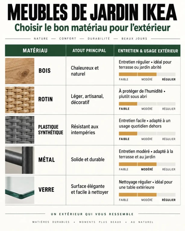 Infographie des matériaux pour choisir des meubles de jardin IKEA selon l’entretien et l’usage