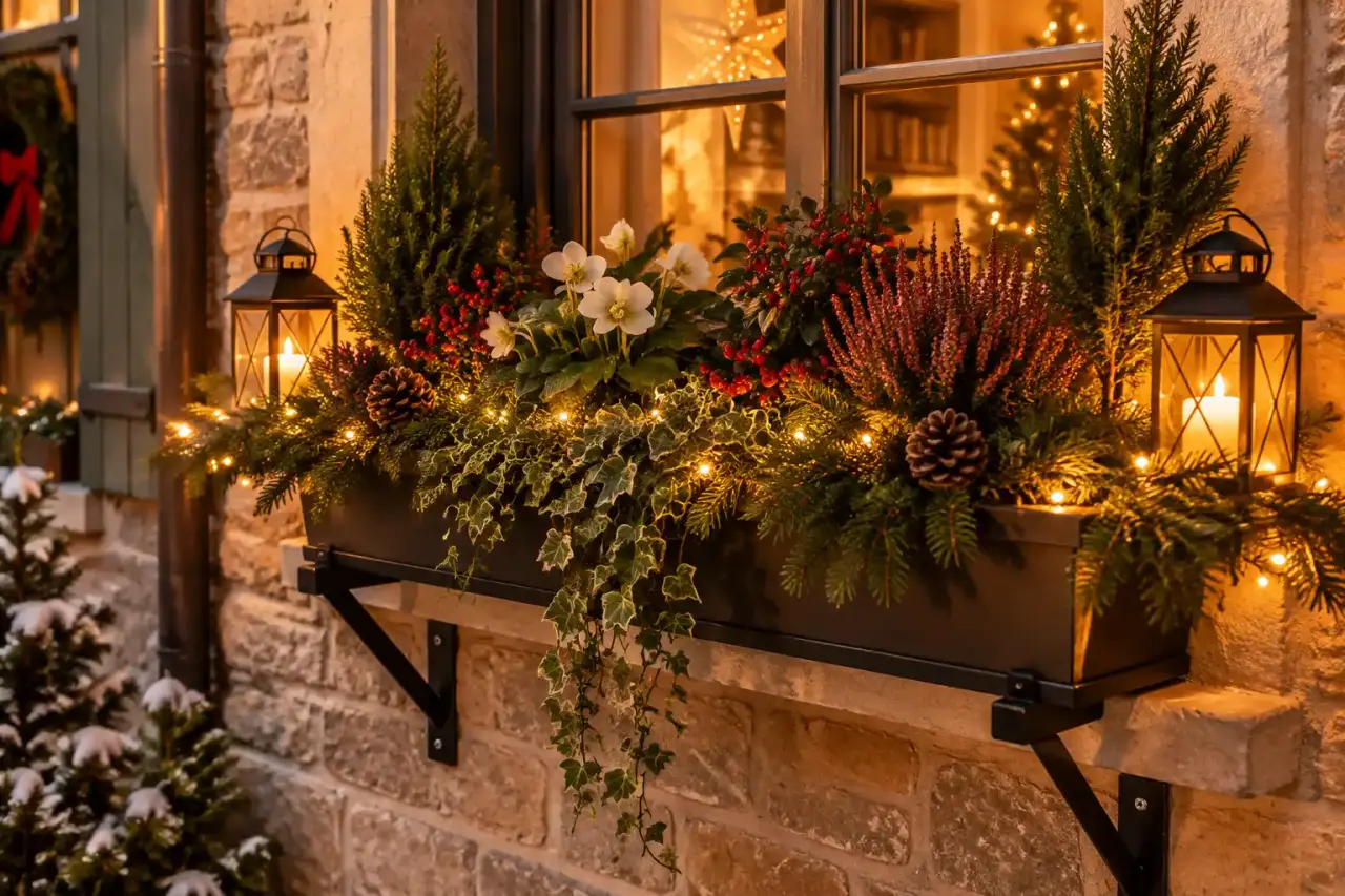 Décorer un rebord de fenêtre extérieur à Noël : lumière chaleureuse, plantes résistantes et fixations stables