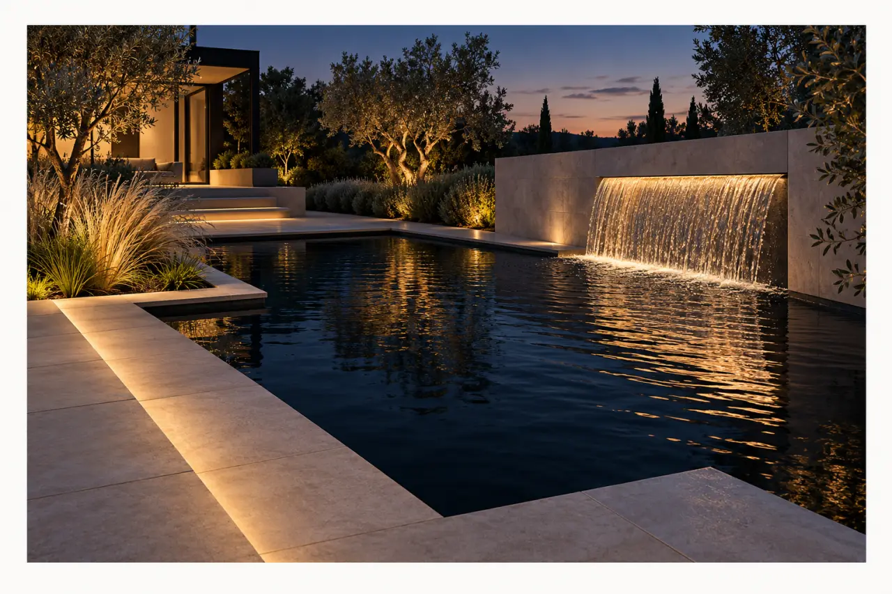 Éclairage pour décoration bassin extérieur avec cascade, plantes et zones d’ombre