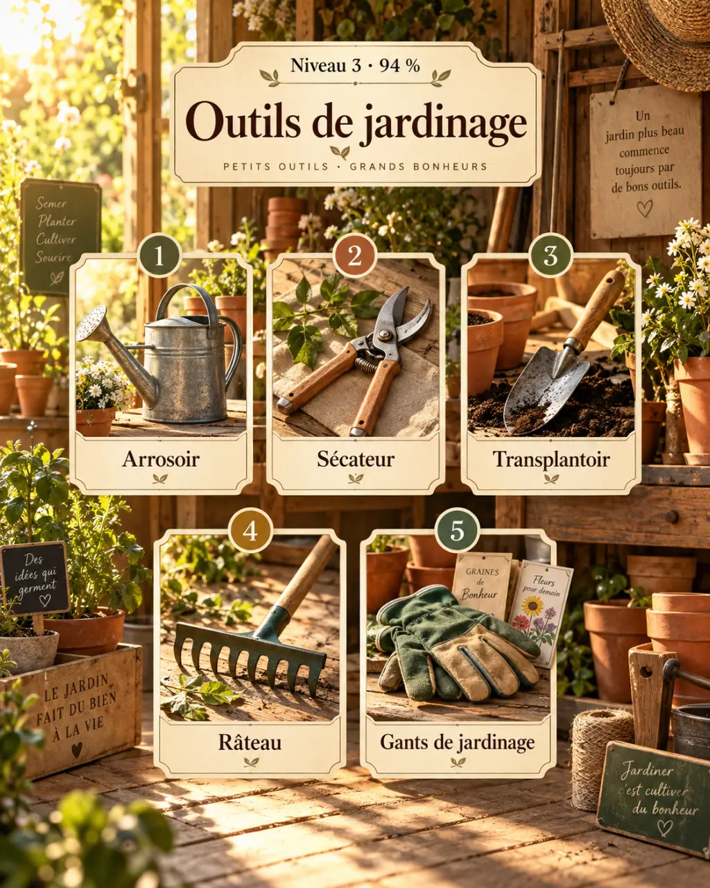 Les 5 réponses du niveau 3 de 94% sur les outils de jardinage