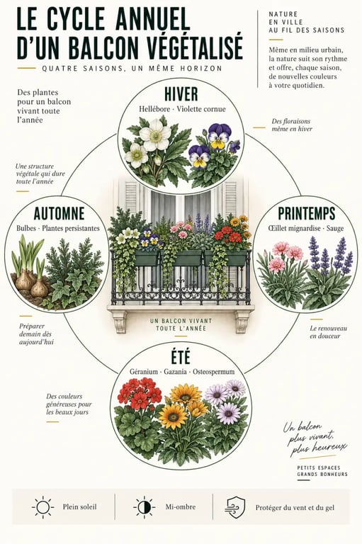 Plantes pour balcon toute l’année organisées selon les saisons et les périodes de floraison