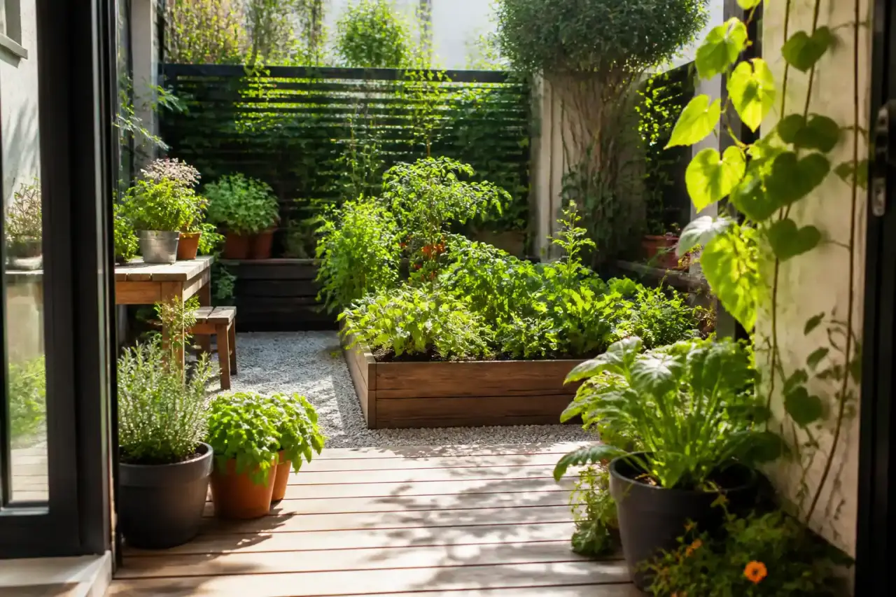 Patio urbain comestible avec bacs en bois, herbes aromatiques, fraisiers et paillage naturel