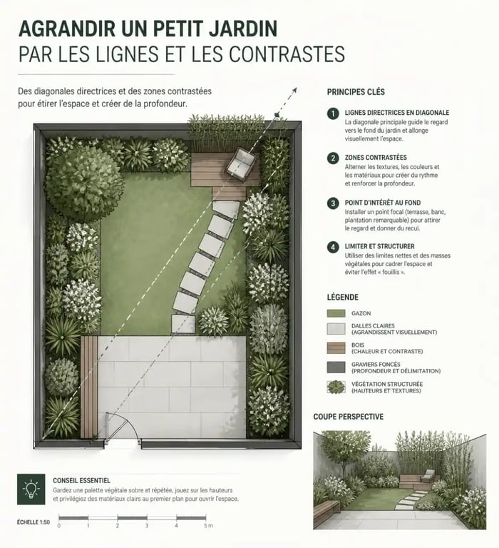 Schéma d'aménagement pour agrandir un petit jardin avec des lignes directrices