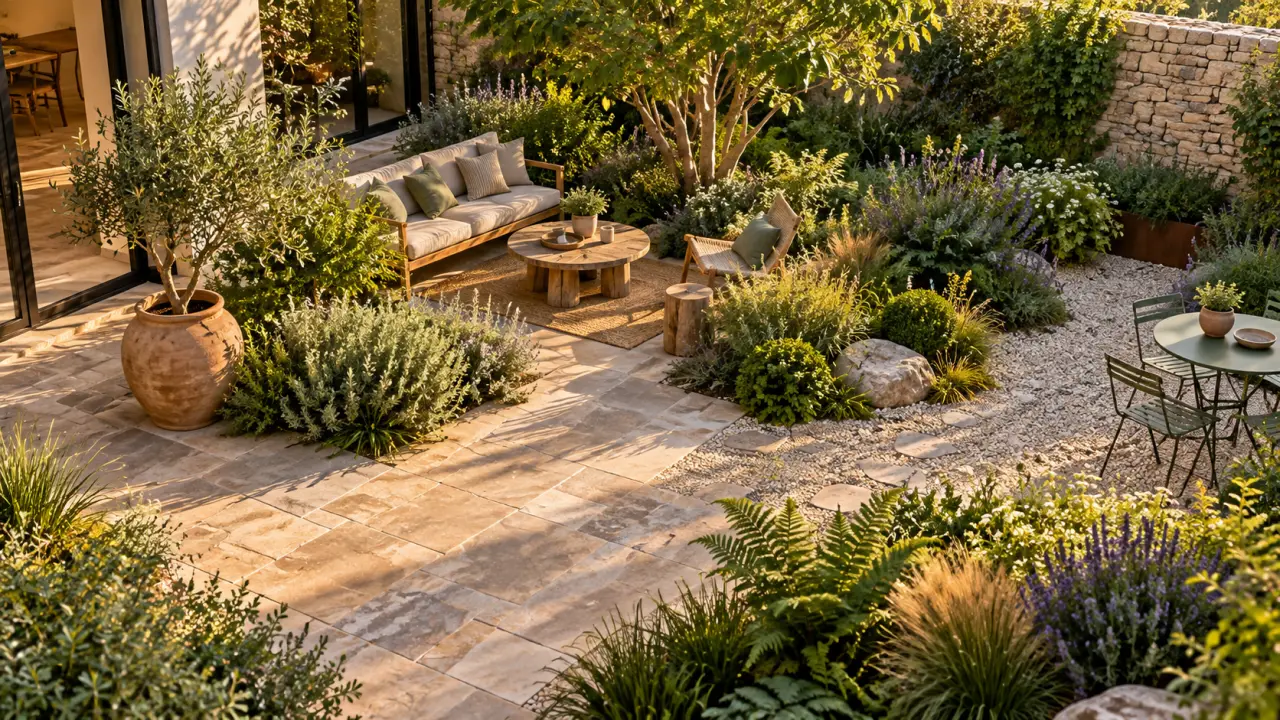 Patio minéral transformé en oasis végétale chaleureuse