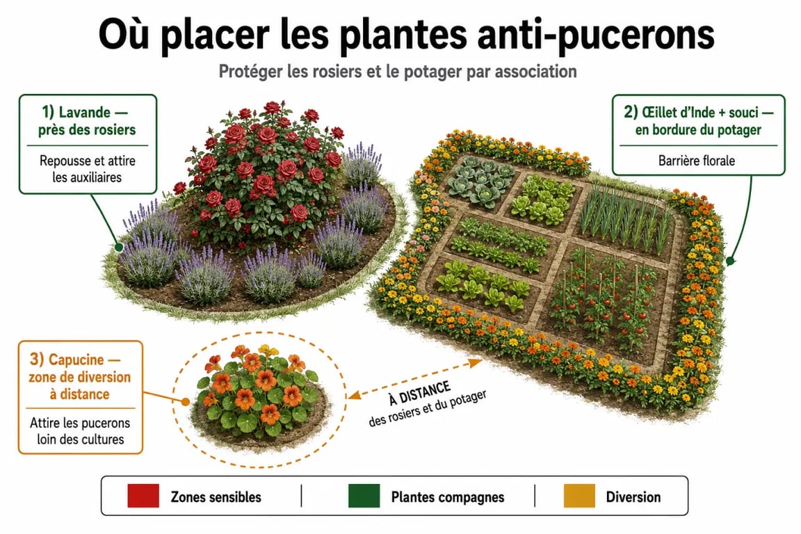 Plante anti pucerons : schéma de plantation près des rosiers et du potager