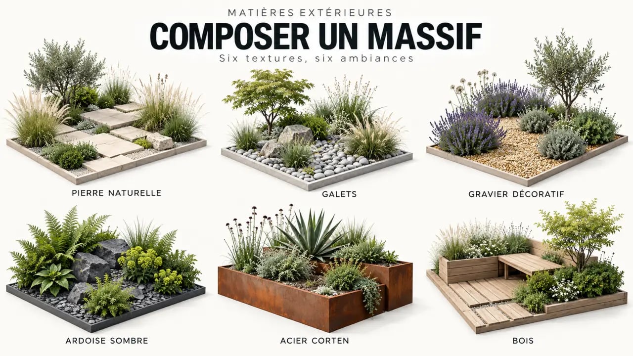 Décoration massif extérieur avec pierre, galets, gravier, ardoise, acier corten et bois