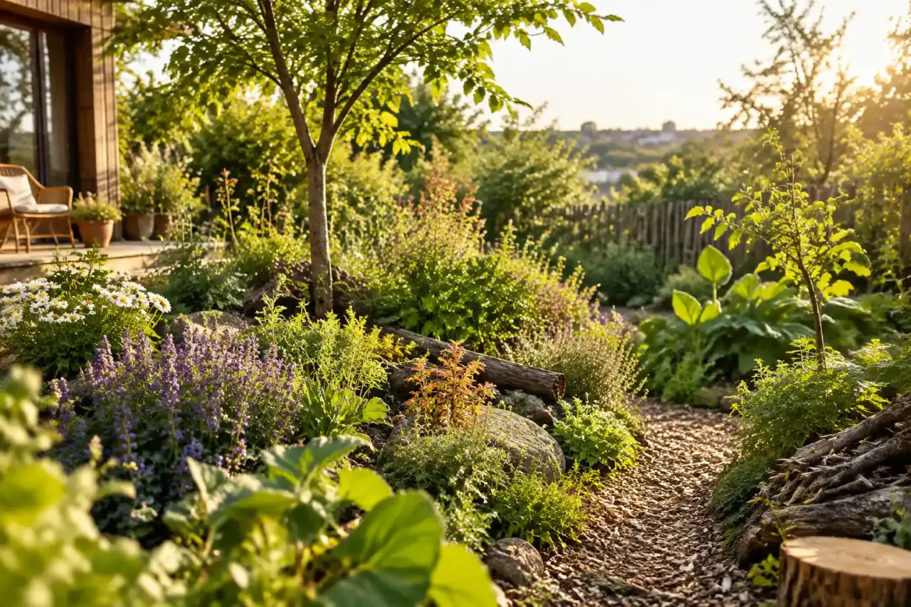 Jardin-forêt luxuriant composé d'arbres, d'arbustes et de plantes vivaces