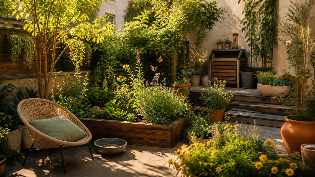 Patio urbain naturel et chaleureux, aménagé avec des plantes indigènes, du bois et des poteries en terre cuite