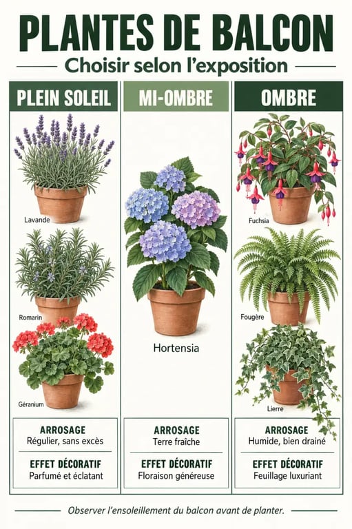 Infographie des plantes de balcon adaptées au soleil, à la mi-ombre et à l’ombre
