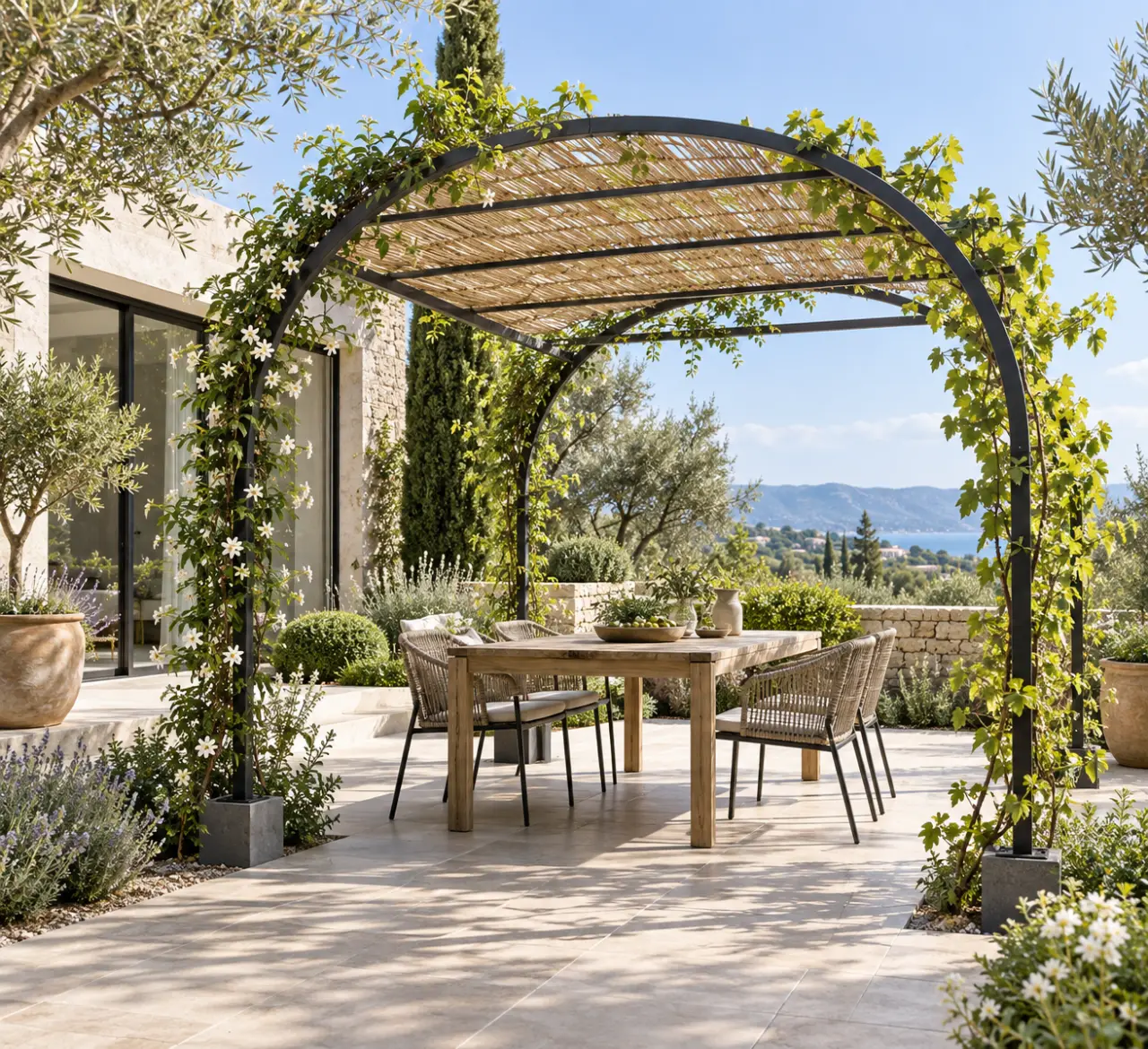 Arches pour plantes grimpantes reliées en pergola au-dessus d'un espace repas