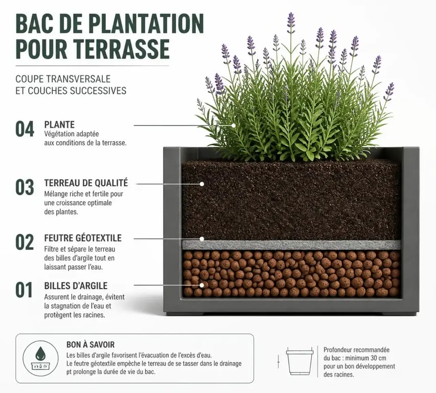 Schéma technique du drainage pour végétaliser une terrasse