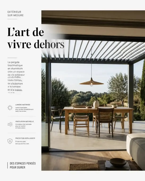 Aménagement terrasse couverte par une pergola bioclimatique avec salon extérieur