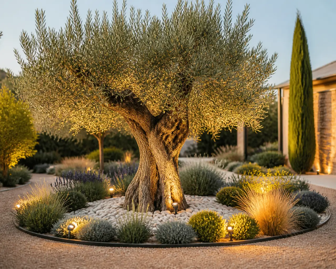 Décoration olivier extérieur : galets, plantes basses et lumière pour un point focal durable