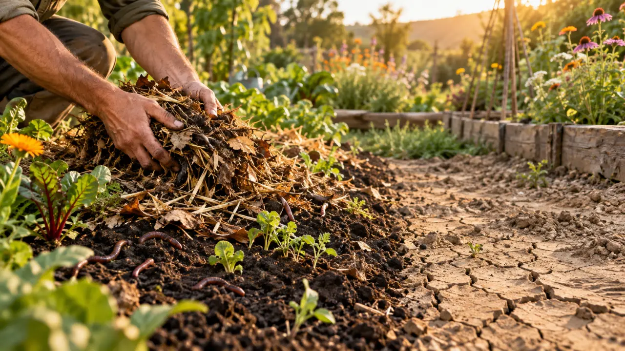 Jardin en permaculture avec sol vivant, paillage et plantes compagnes