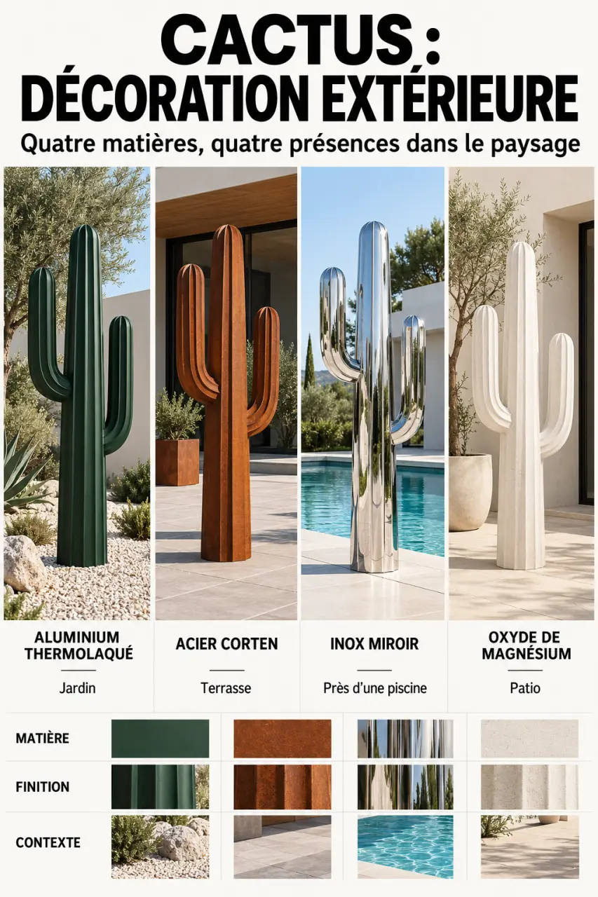 Infographie sur les matériaux d'un cactus décoration extérieur dans un jardin et sur une terrasse