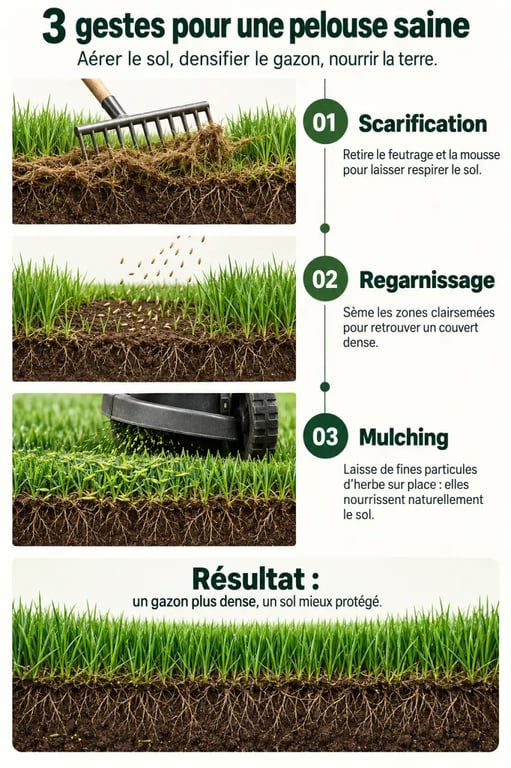 Schéma pédagogique des gestes d’entretien du jardin pour la pelouse
