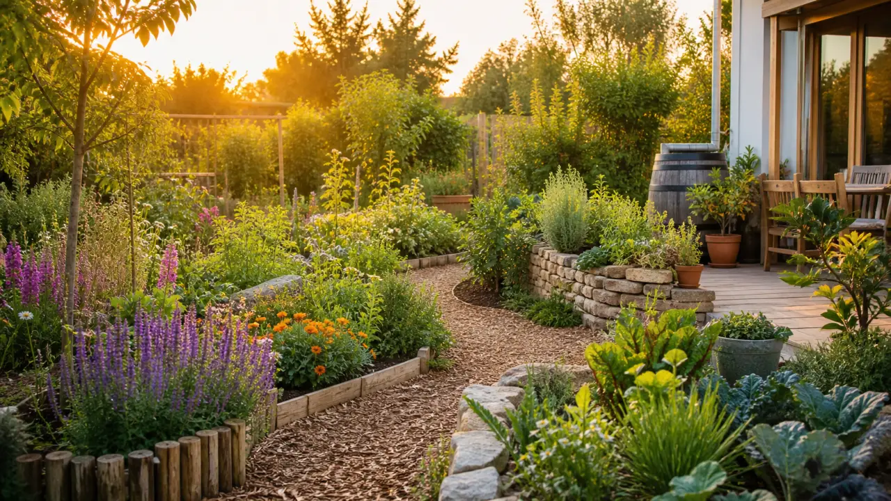 Jardin naturel harmonieux en lumière dorée, avec plantations ordonnées et ambiance chaleureuse