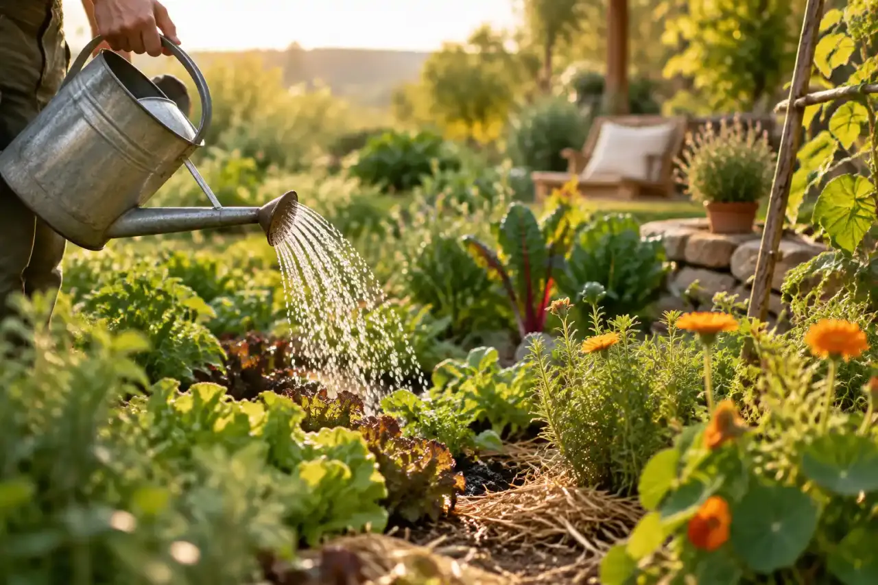 Jardin en permaculture avec paillage, plantes vivaces et arrosage doux