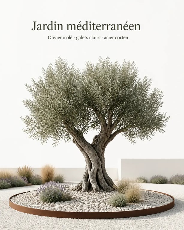 Décoration olivier extérieur dans un jardin méditerranéen avec galets clairs et bordure en acier corten