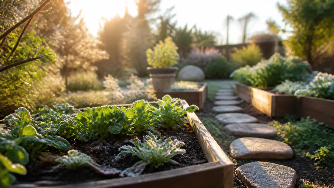 Jardin naturel paysager à l'heure dorée, avec plantes indigènes, bois chaleureux et pots en terre cuite