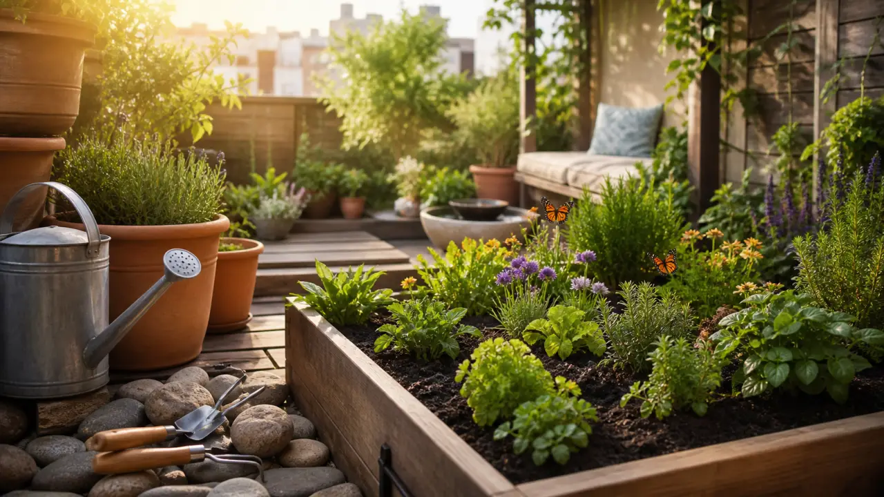 Patio écologique naturel avec plantes indigènes, bois chaleureux et lumière dorée