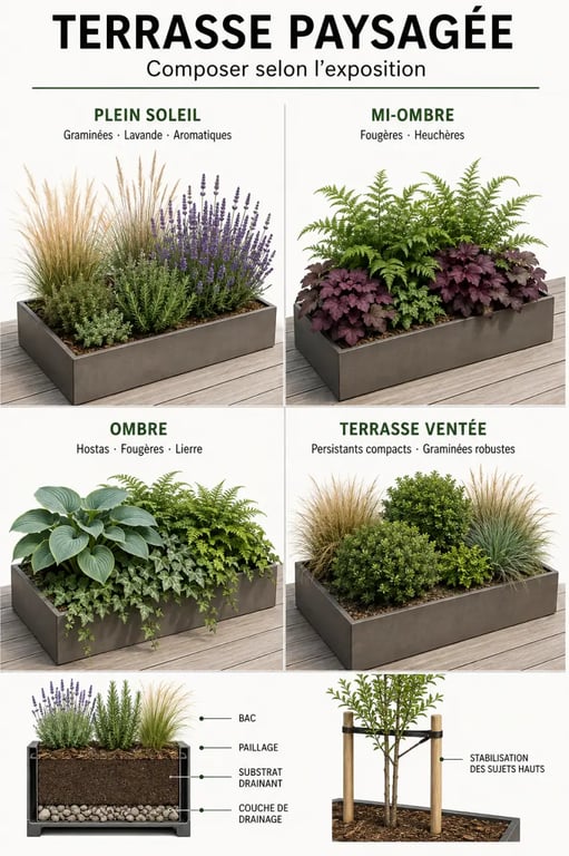 Infographie d’aménagement terrasse paysagée selon l’exposition et les plantes adaptées