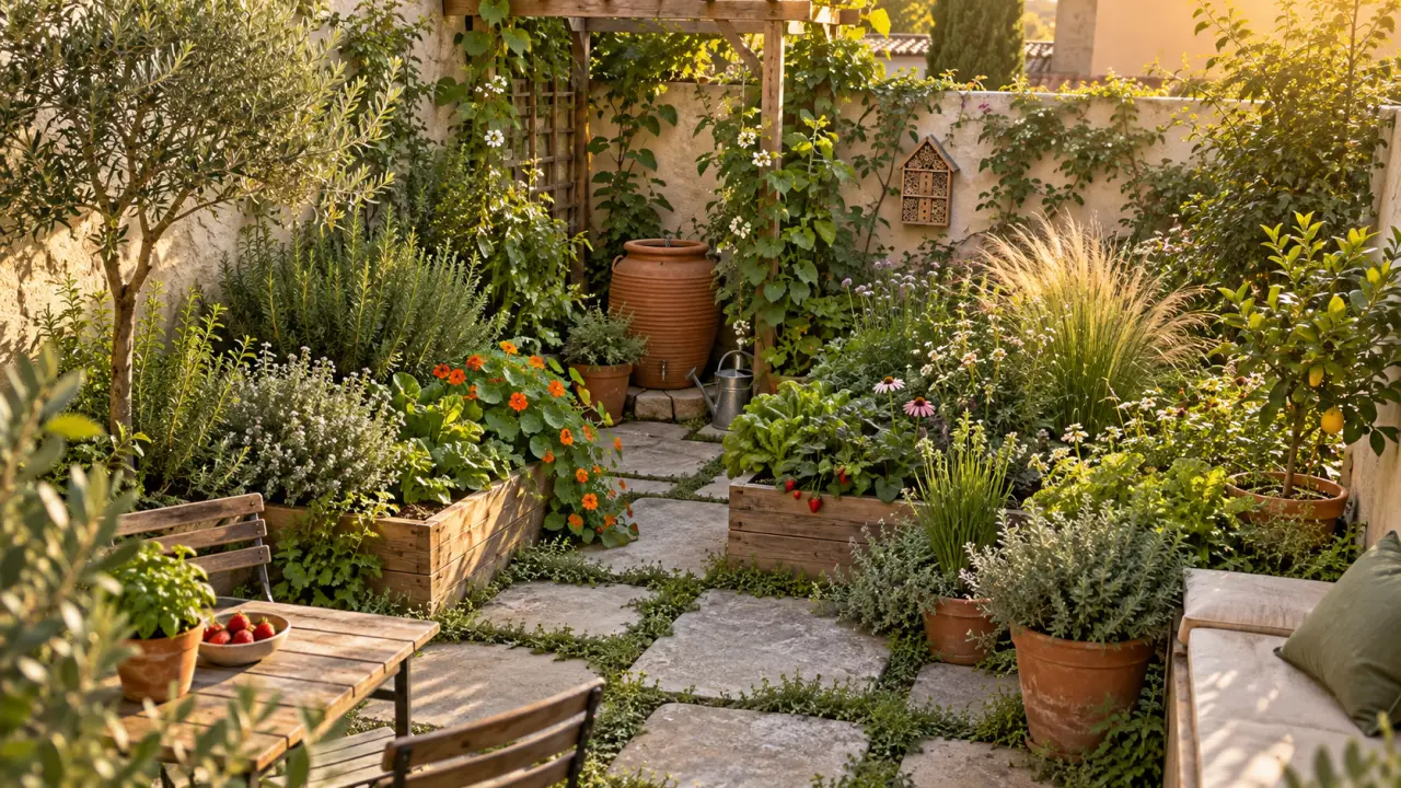 Patio urbain de 12 m² transformé en jardin permacole luxuriant