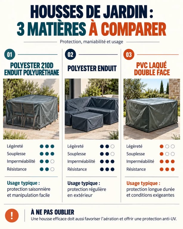 Infographie comparative des matières d’une housse pour meubles de jardin