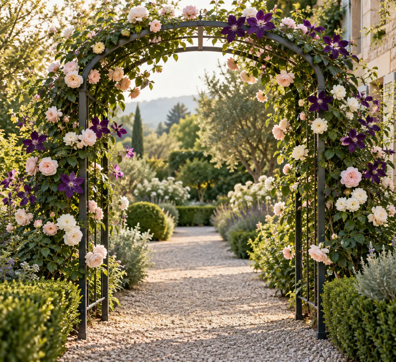 Arches pour plantes grimpantes végétalisée avec des roses et des clématites à l'entrée d'une allée