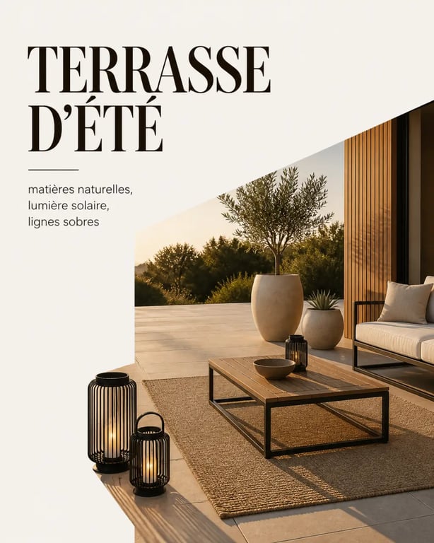 Idée décoration extérieur pour une terrasse avec lanternes, pots et tapis outdoor