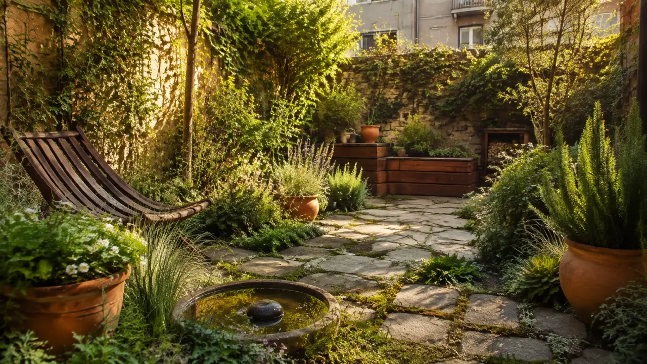 Patio transformé en jardin vivant avec plantations abondantes et matières naturelles