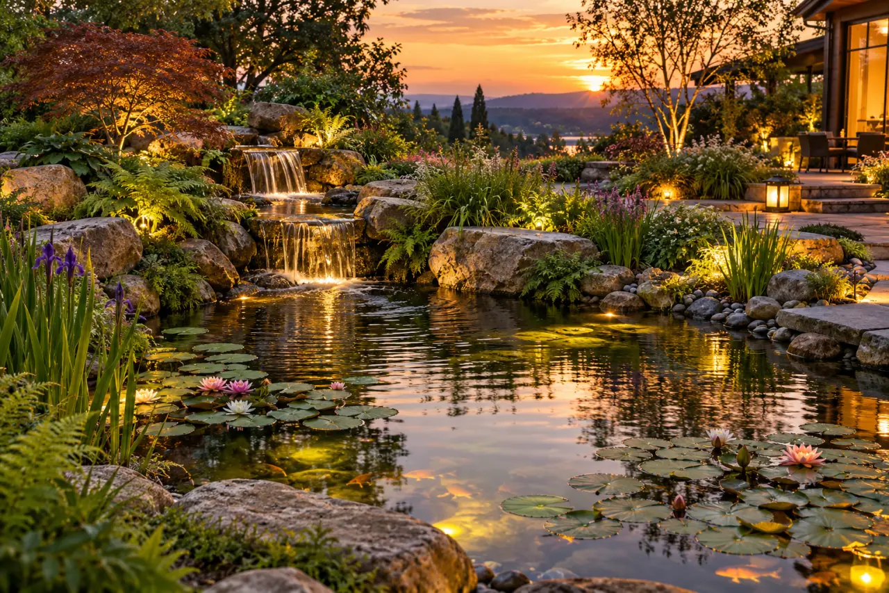 Décoration de bassin extérieur : composer des berges naturelles, un jeu d’eau et un éclairage adapté