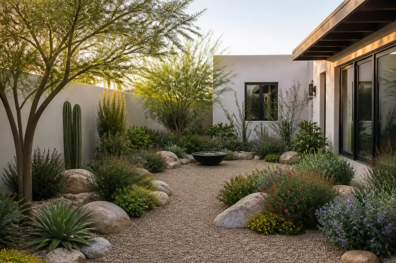 Patio paysager transformé en refuge végétal avec plantes endémiques et matériaux naturels