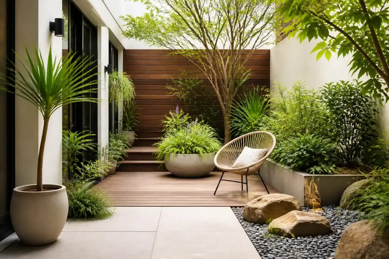 Patio zen baigné d'une lumière chaude avec plantes indigènes, bois clair et pots en terre cuite