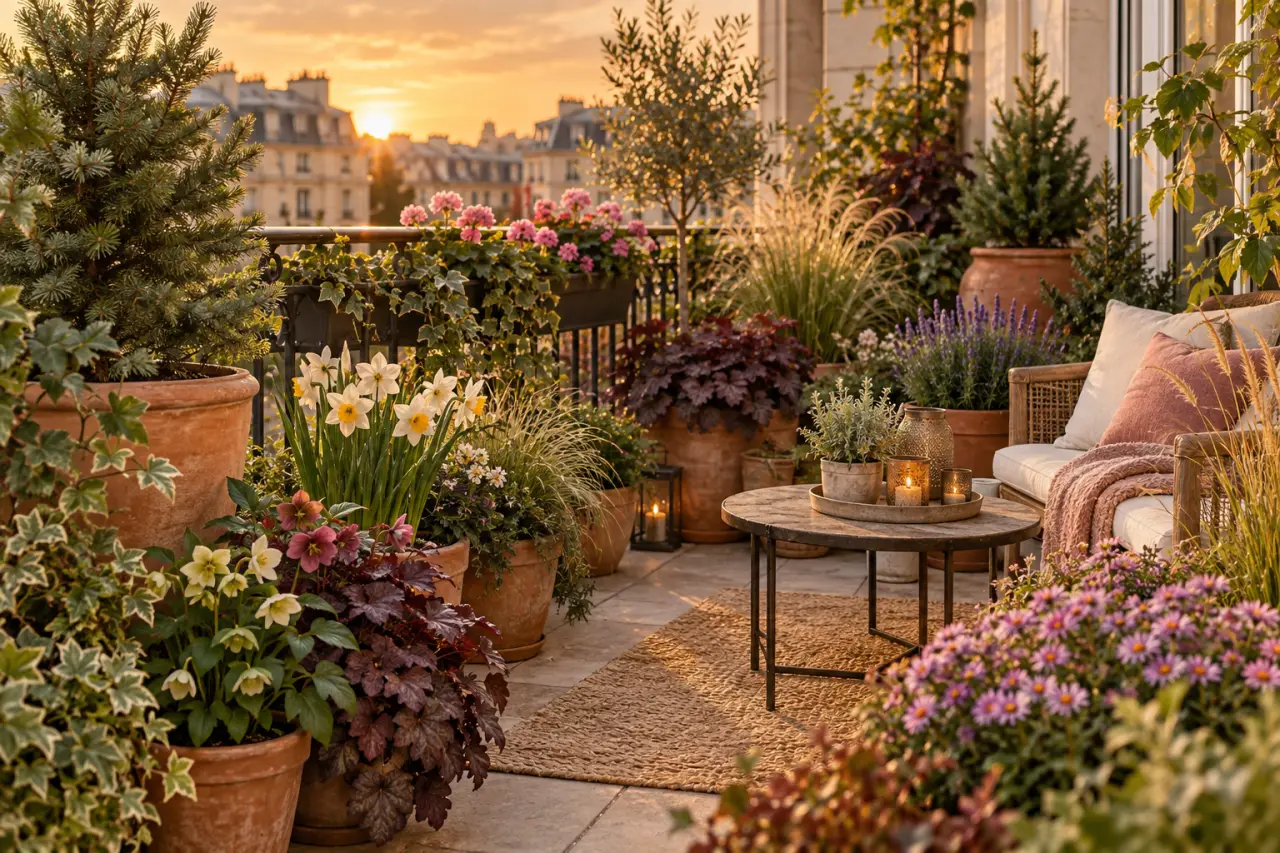 Plantes pour balcon toute l’année : du feuillage en hiver, des fleurs au fil des saisons