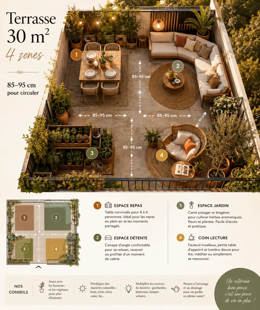 Terrasse de 30 m2 : 4 zones bien pensées et 85 à 95 cm pour circuler