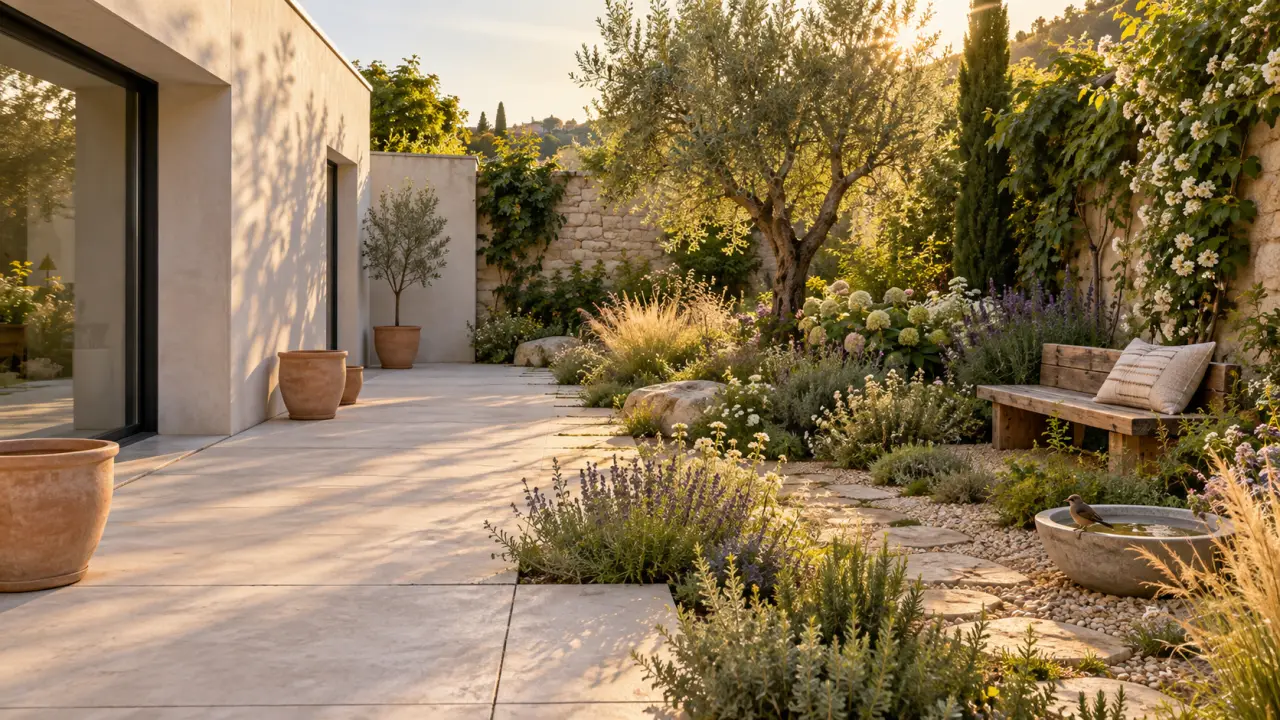 Cour urbaine transformée en oasis végétale avec plantes locales, terrasse en bois et matériaux naturels