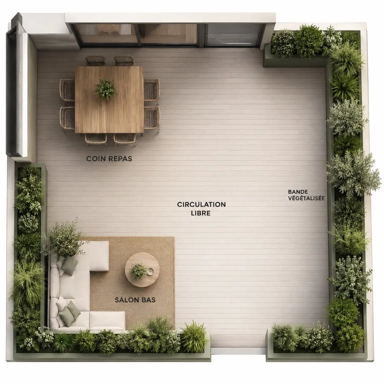 Aménagement terrasse 30m2 en vue du dessus avec coin repas, salon bas et plantes