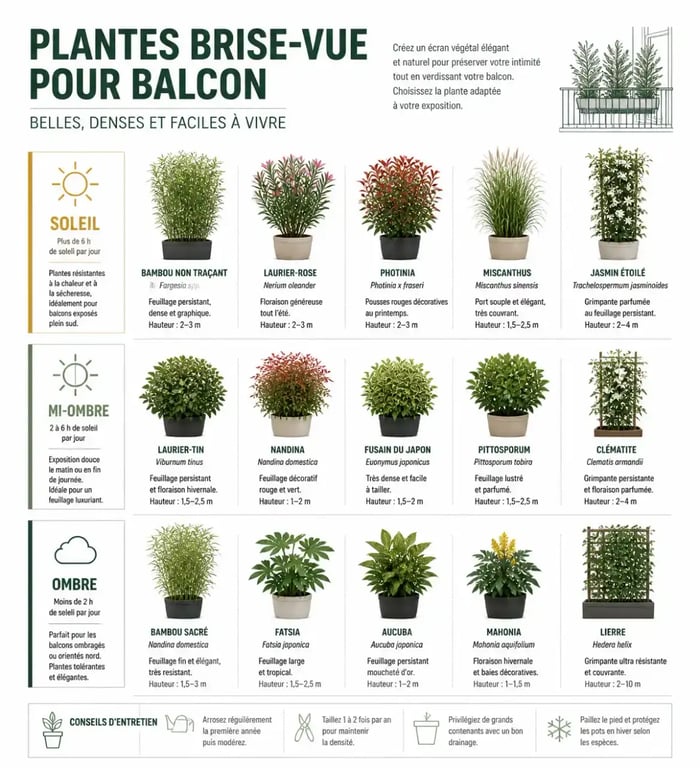 Infographie des meilleures plantes brise-vue pour balcon selon l'exposition