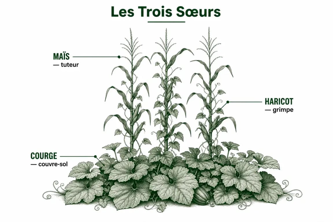 Schéma de l'association potagere des Trois Sœurs avec maïs, haricot grimpant et courge