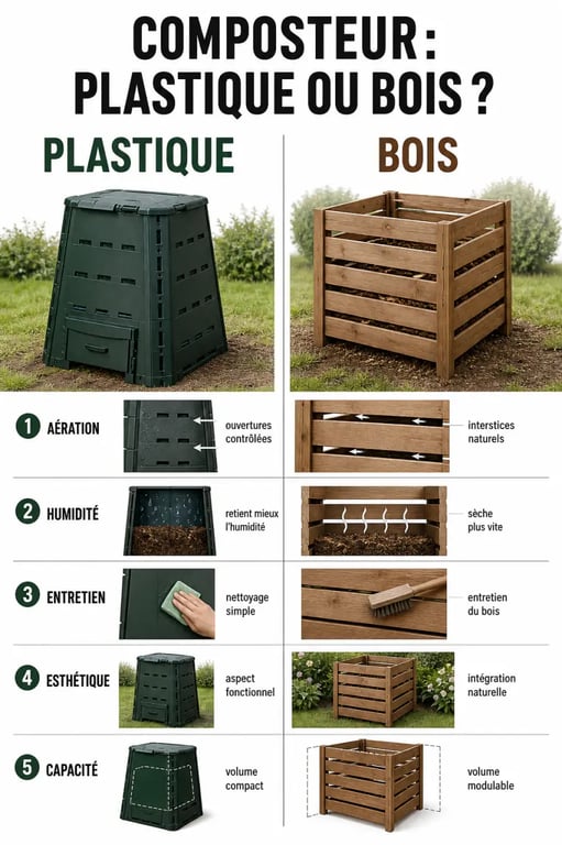 Comparatif composteur plastique ou bois avec critères de choix essentiels