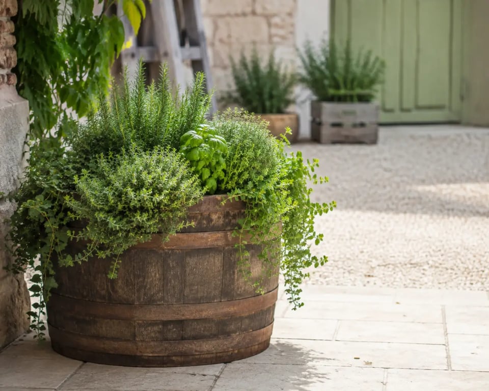 Tonneau décoration extérieur utilisé comme jardinière dans un jardin
