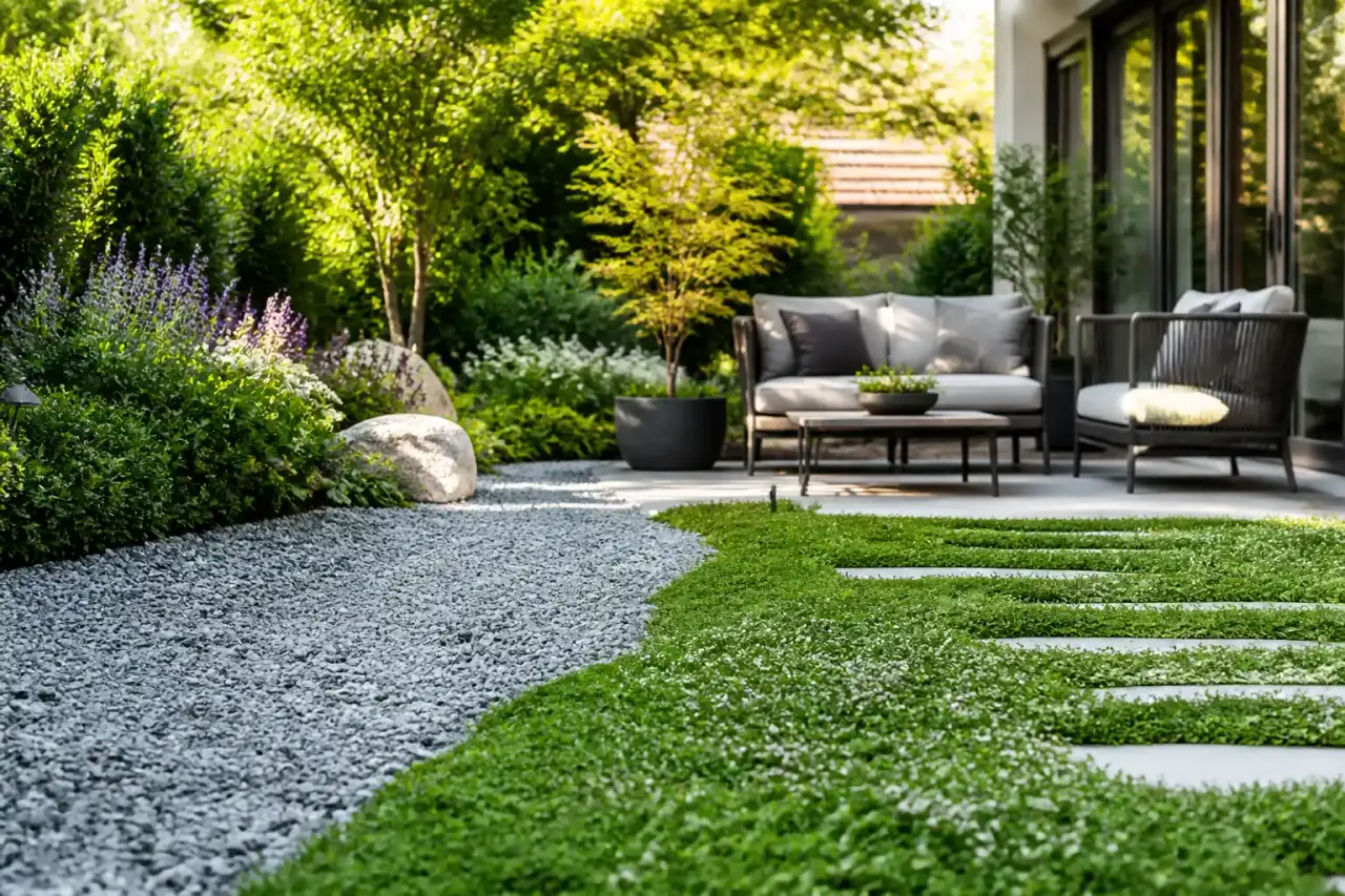 Patio naturel avec gravier clair, couvre-sols fleuris et assises en bois sous une lumière dorée