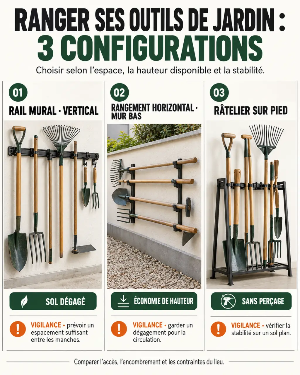 Infographie des solutions de support pour outils de jardinage mural, horizontal et sur pied