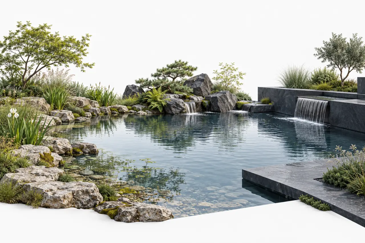 Idées de décoration bassin extérieur avec pierres, plantes et jeux d’eau
